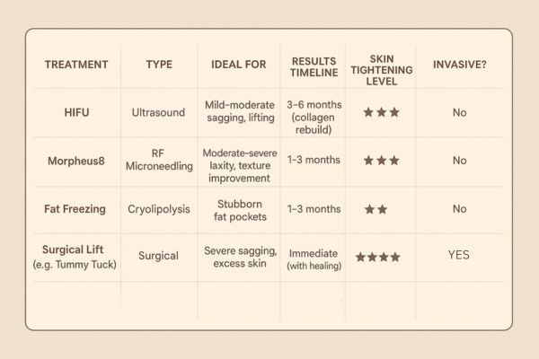 Table showing the comparisons of Skin tightening Hendon treatment options.